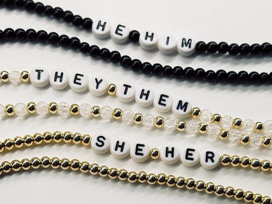 Pronoun Bracelet Stack – Customizable LGBTQ+ Ally Jewelry in Silver, Gold or Rose Gold with Optional Healing Stones