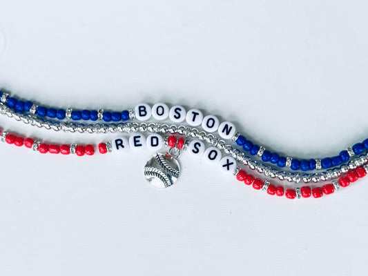Boston Baseball Bracelet Stack – 3-Piece Navy, Red & Silver Beaded Set, Handmade Game Day Jewelry Gift for Her