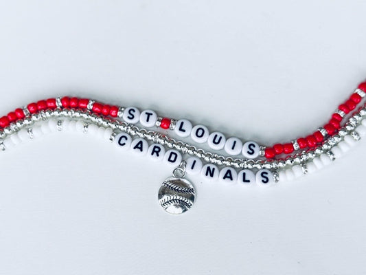 St. Louis Baseball Bracelet Stack – 3-Piece Red, White & Silver Beaded Set, Handmade Game Day Jewelry Gift