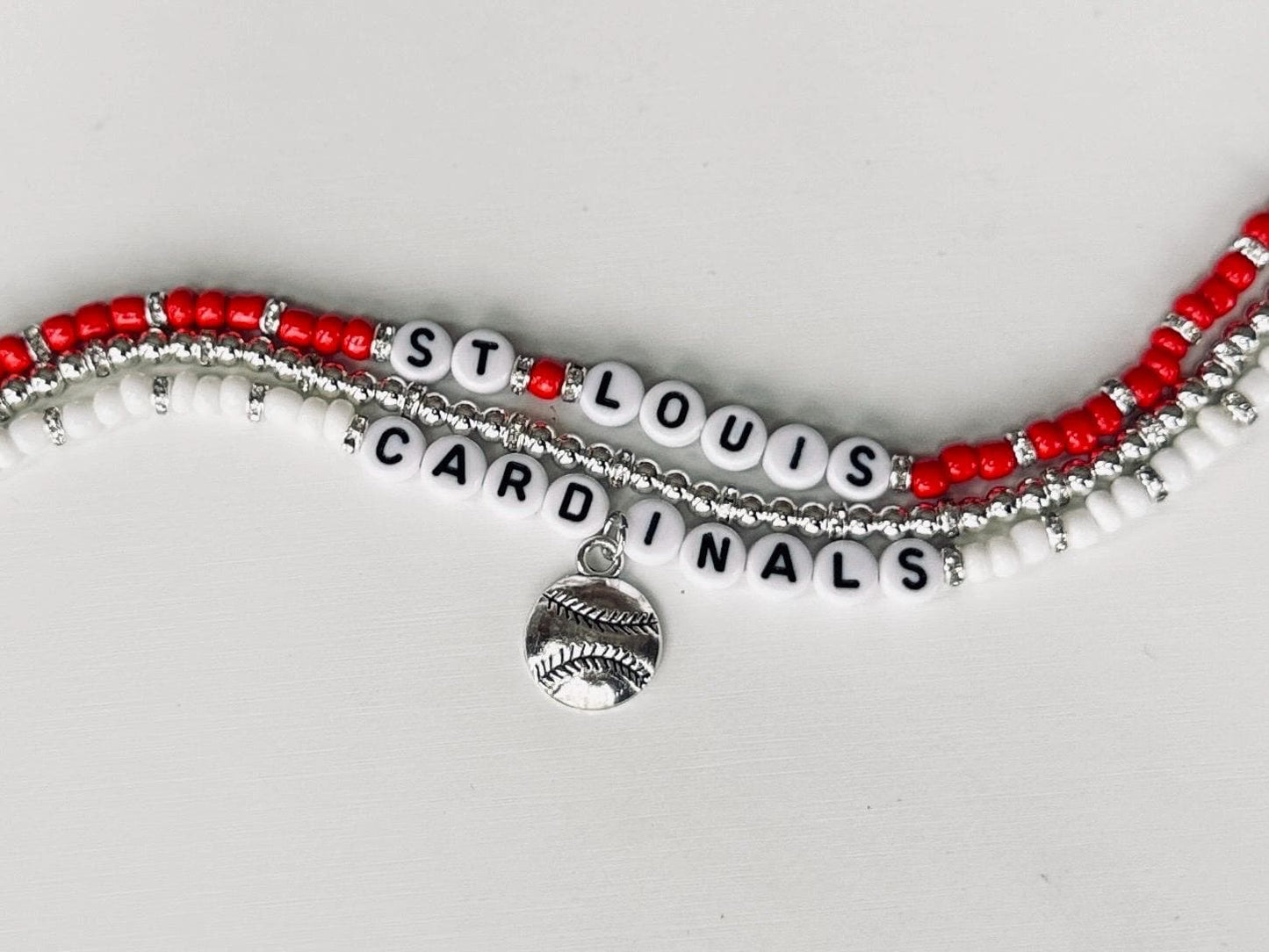 St. Louis Baseball Bracelet Stack – 3-Piece Red, White & Silver Beaded Set, Handmade Game Day Jewelry Gift