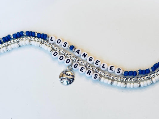 Los Angeles Baseball Bracelet Stack – Blue, White & Silver Beaded 3-Piece Set, Handmade Game Day Jewelry Gift for Her