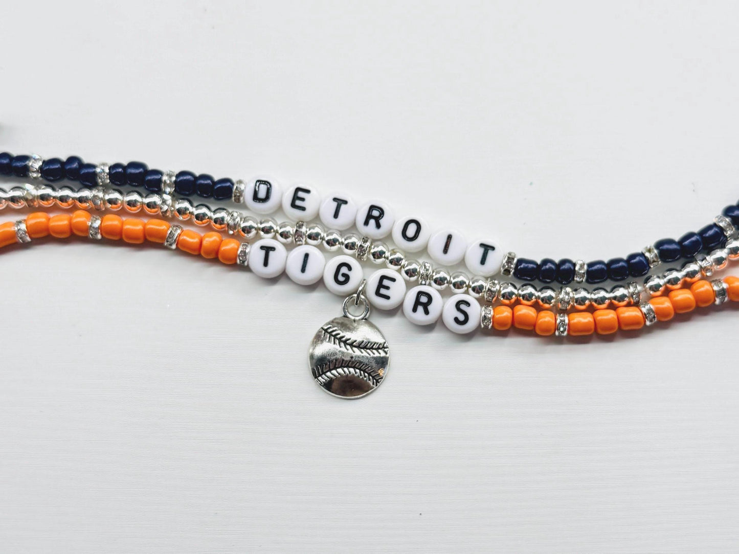 Detroit Baseball Bracelet Stack – 3-Piece Navy, Orange & Silver Beaded Stretch Bracelet Set, Handmade Game Day Gift