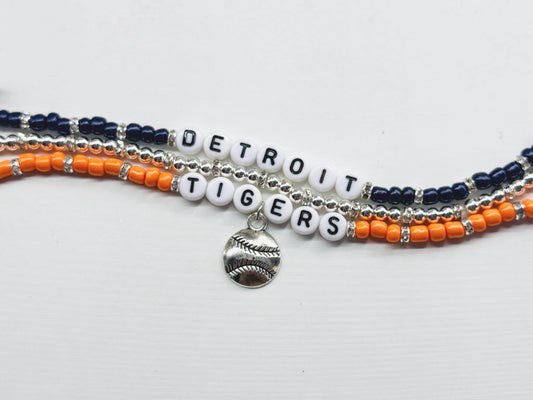 Detroit Baseball Bracelet Stack – 3-Piece Navy, Orange & Silver Beaded Stretch Bracelet Set, Handmade Game Day Gift