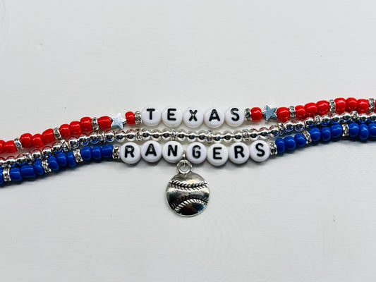 Texas Baseball Bracelet Stack – 3-Piece Blue, Red, and Silver Beaded Set, Handmade Game Day Jewelry and Fan Gift