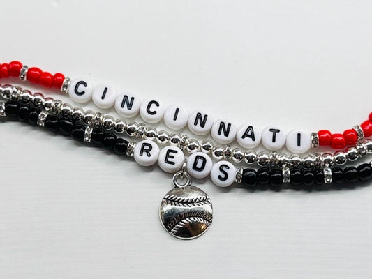 Cincinnati Baseball Bracelet Stack – 3-Piece Red, Black, and Silver Beaded Stretch Bracelets, Handmade Game Day Jewelry Gift