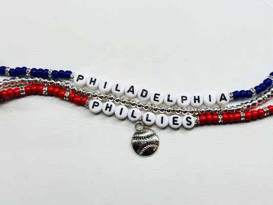 Philadelphia Baseball Bracelet Stack – 3-Piece Blue, Red & Silver Beaded Set, Handmade Game Day Jewelry Gift for Her