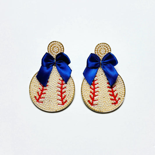 Baseball Dangle Earrings with Bow – Red or Blue Bow, Gold Sports Earrings, Game Day Jewelry Gift for Her
