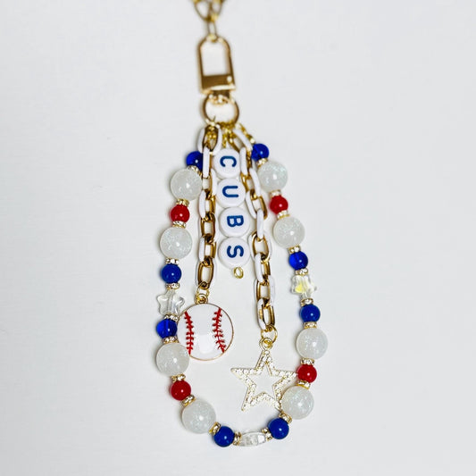 Cubs Baseball Bag Charm – Red, Blue & White Beaded Keychain with Baseball Charms, Handmade Fan Gift or Game Day Accessory