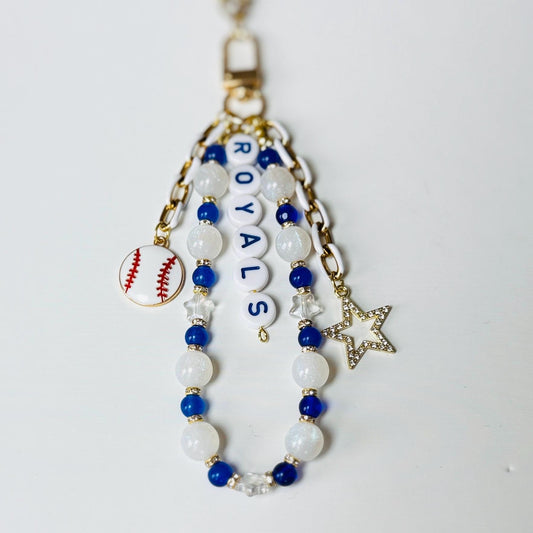 Royals Baseball Bag Charm – Blue and Gold Beaded Keychain, Kansas City Fan Gift, Game Day Purse or Backpack Accessory