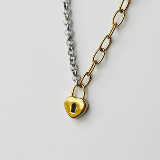 Heart Lock Pendant Necklace – Mixed Metal Chunky Chain Necklace, 18K Gold-Plated Stainless-Steel Statement Jewelry