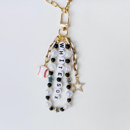 White Sox Baseball Bag Charm – Handmade Beaded Keychain, Baseball Fan Gift, Game Day Accessory