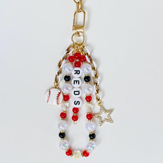 Reds Baseball Bag Charm – Handmade Beaded Keychain with Baseball and Star Charms, Fan Gift, Game Day Backpack or Zipper Pull Accessory