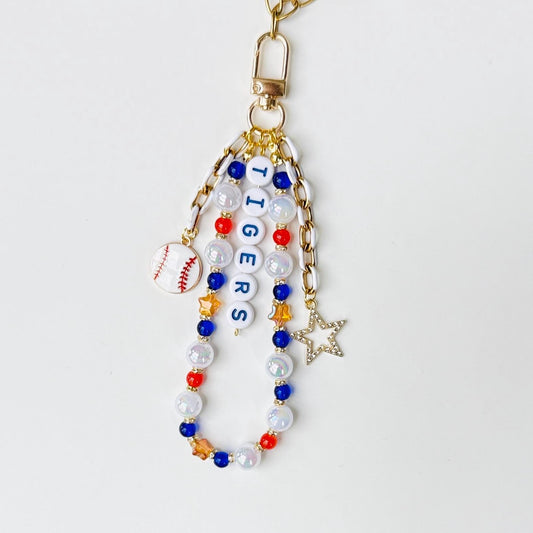 Tigers Baseball Bag Charm – Handmade Beaded Keychain for Detroit Fans, Orange and Navy Game Day Accessory, Fan Gift
