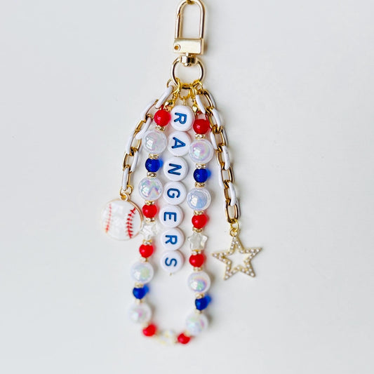 Rangers Baseball Bag Charm – Red, Blue & Silver Beaded Keychain with Baseball Charm, Handmade Game Day Fan Gift