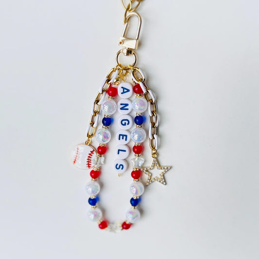 Angels Baseball Bag Charm – Handmade Beaded Keychain, Baseball Fan Gift, Game Day Accessory or Backpack Zipper Pull