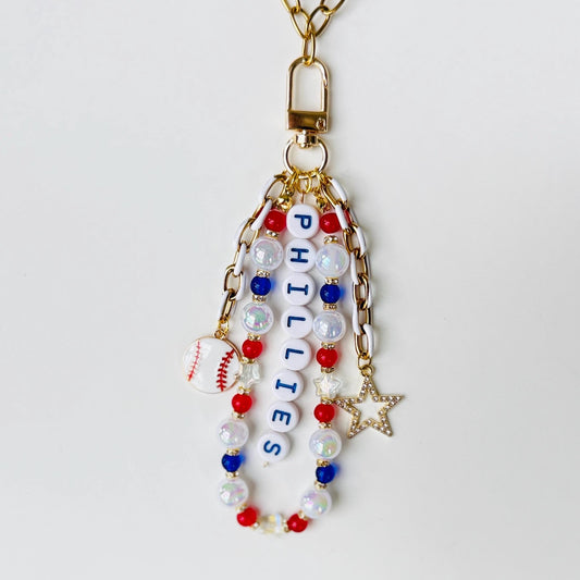 Phillies Baseball Bag Charm – Red, White & Blue Beaded Keychain, Game Day Purse or Backpack Accessory, Fan Gift