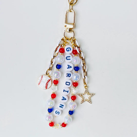 Guardians Baseball Bag Charm – Red, Navy & Silver Beaded Keychain with Baseball Charm, Handmade Game Day Fan Gift