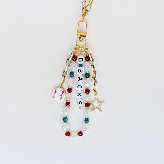 Diamondbacks Baseball Bag Charm – Burgundy, Teal & Gold Beaded Keychain, Handmade Game Day Fan Gift or Accessory