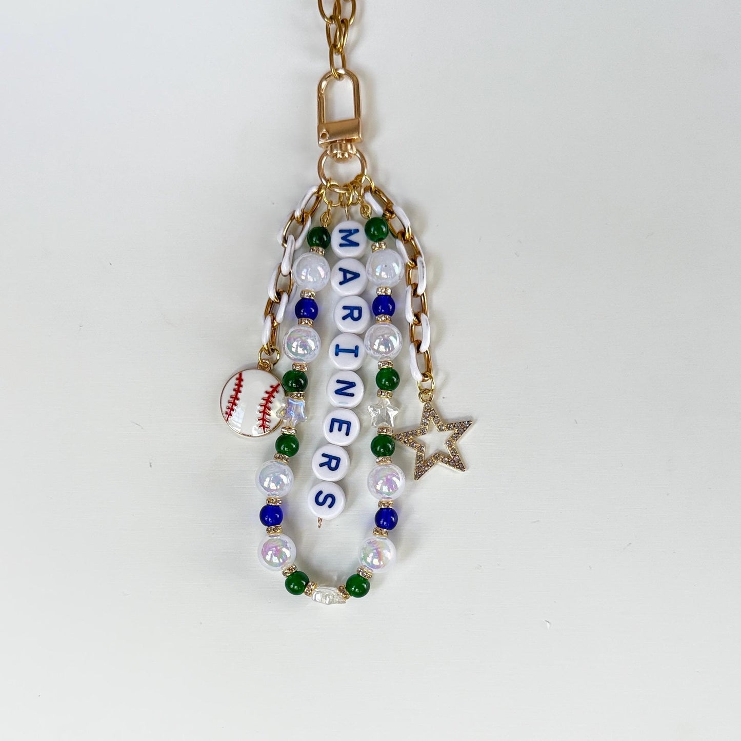 Mariners Baseball Bag Charm – Handmade Beaded Keychain with Baseball and Star Charms, Game Day Fan Gift, Zipper Pull or Backpack Accessory