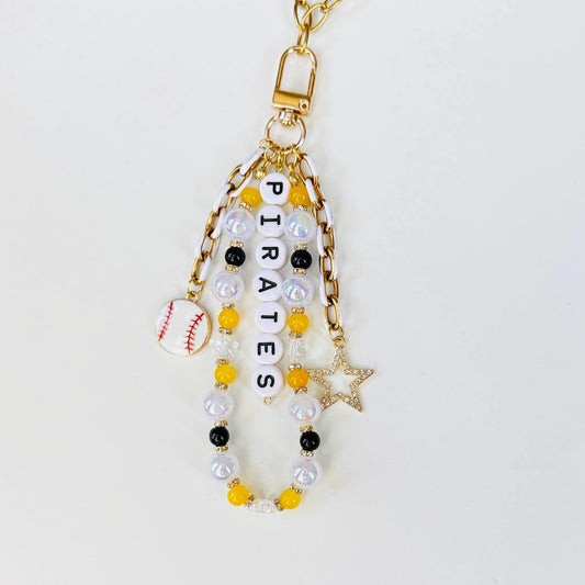 Pirates Baseball Bag Charm – Black & Gold Beaded Keychain with Star & Baseball Charms, Handmade Fan Gift or Backpack Accessory