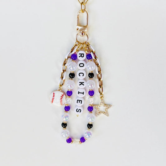 Rockies Baseball Bag Charm – Handmade Beaded Keychain with Baseball and Star Charms, Fan Gift, Game Day Backpack or Zipper Pull Accessory