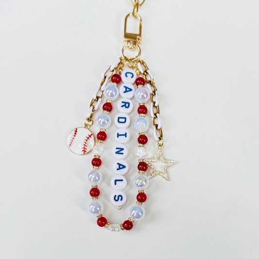 Cardinals Baseball Bag Charm – Handmade Beaded Keychain with Baseball & Star Charms, Red Fan Gift, Zipper Pull, Backpack or Purse Accessory