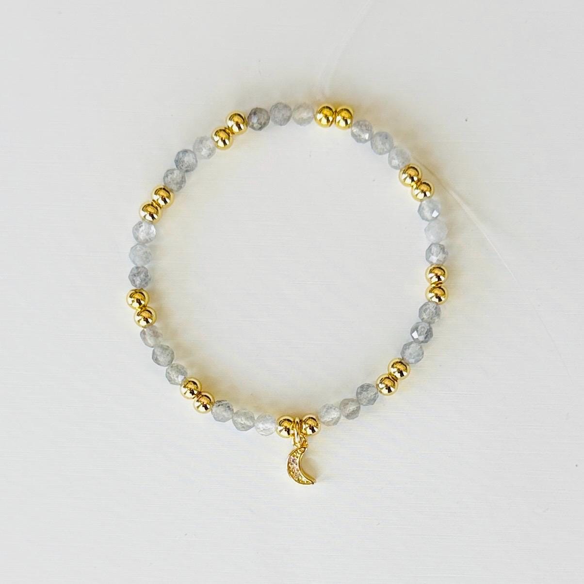 Triple Flame Bracelet – Hecate-Inspired Labradorite & Gold Stretch Bracelet with Crescent Moon Charm