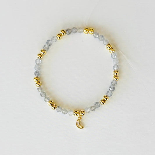Triple Flame Bracelet – Hecate-Inspired Labradorite & Gold Stretch Bracelet with Crescent Moon Charm