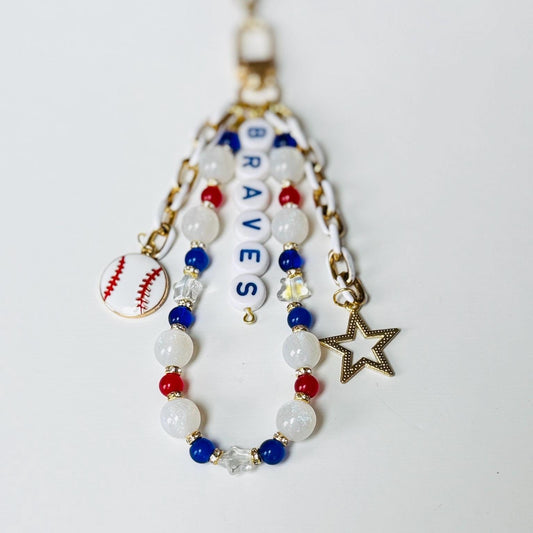 Braves Baseball Bag Charm – Red White Blue Beaded Keychain, Game Day Fan Gift, Handmade Purse or Backpack Accessory