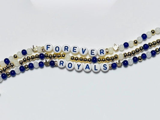 Forever Royals Bracelet Stack – 3-Piece Blue, White & Gold Baseball Bracelet Set with Crown Charm, KC Fan Gift