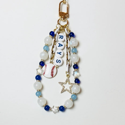 Rays Baseball Bag Charm – Handmade Beaded Keychain with Baseball and Star Charms, Fan Gift, Game Day Backpack or Zipper Pull Accessory