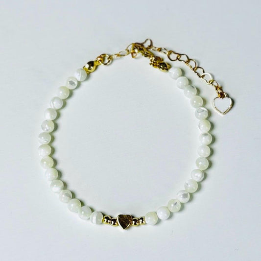 Dainty Bridal Bracelet – Mother of Pearl Beaded Bracelet with Heart Accent, Gold or Silver, Pink or White, Bridesmaid Gift