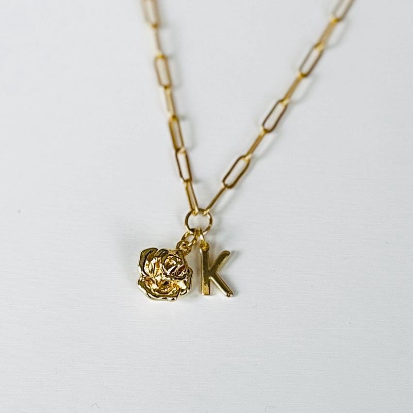 Rose Pendant & Initial Charm Necklace