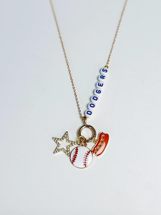 Dodgers-Inspired Baseball Charm Necklace – Blue and White Beaded Jewelry, Game Day Gift for Her, Sports Fan Accessory