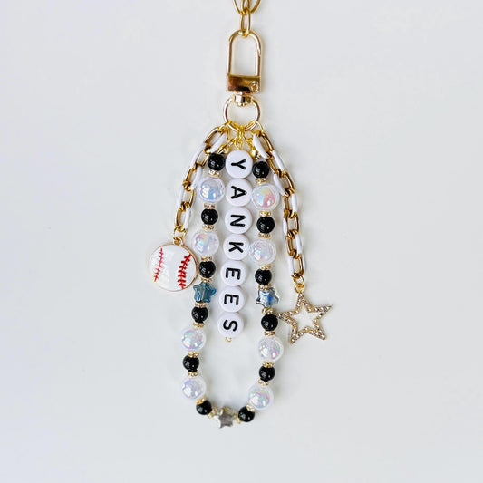 Yankees Baseball Bag Charm – Handmade Beaded Keychain with Star Charms, NY Fan Gift, Backpack or Purse Accessory