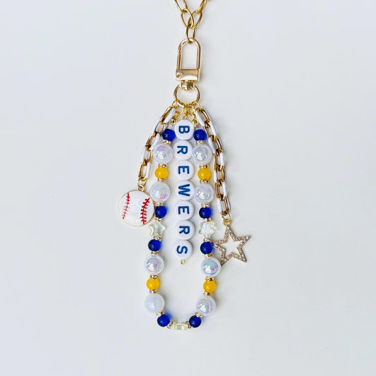 Brewers Baseball Bag Charm – Navy, Gold & White Beaded Keychain with Baseball Charms, Handmade Fan Gift or Game Day Accessory