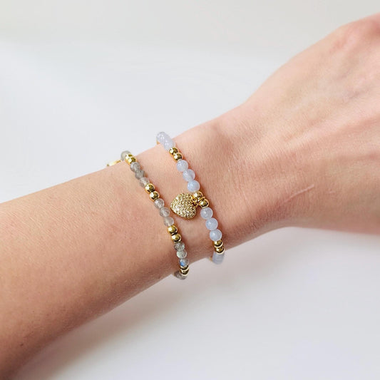 Blue Lace Agate Bracelet – 4mm Calming Crystal Beads with Gold Accents and Heart Charm, Patience and Peace Energy