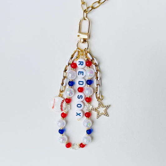 Red Sox Baseball Bag Charm – Red, White & Blue Beaded Keychain, Boston Fan Gift, Game Day Purse or Backpack Accessory