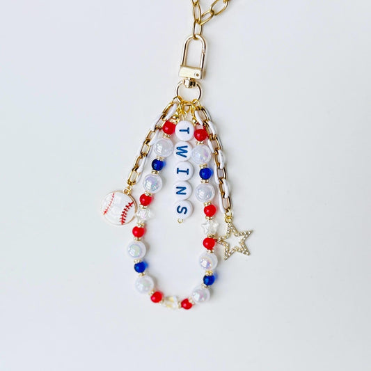 Twins Baseball Bag Charm – Red, Navy & White Beaded Keychain with Baseball Charms, Handmade Fan Gift or Game Day Accessory
