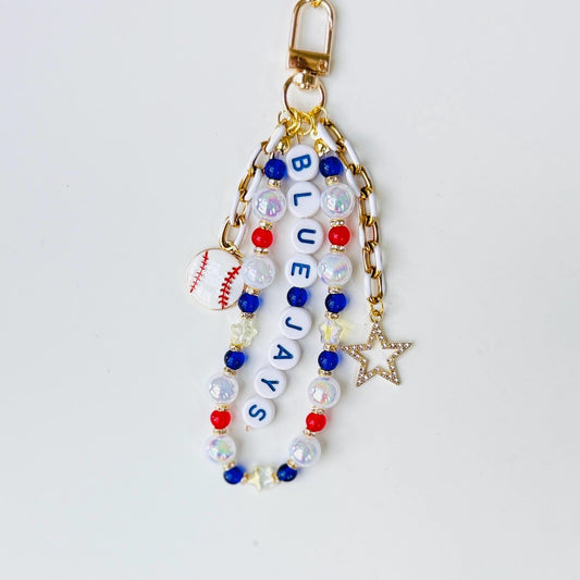 Blue Jays Baseball Bag Charm – Handmade Beaded Keychain, Baseball Fan Gift, Game Day Accessory
