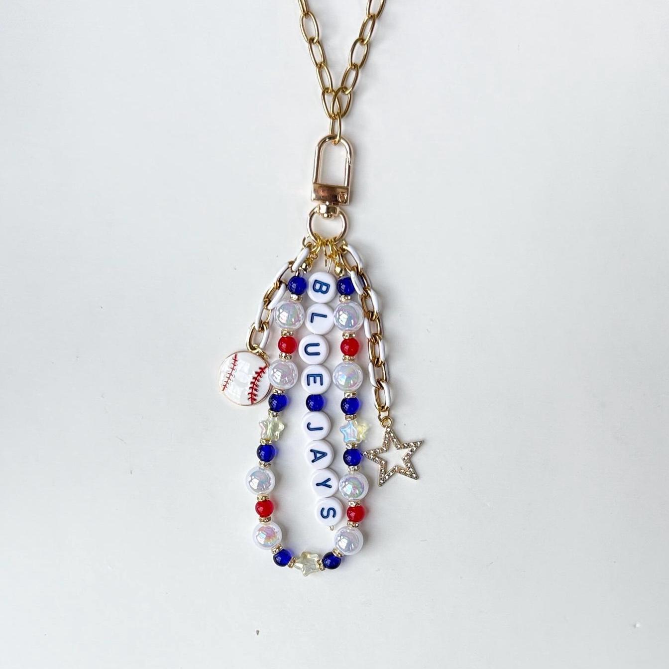 Blue Jays Baseball Bag Charm – Handmade Beaded Keychain, Baseball Fan Gift, Game Day Accessory