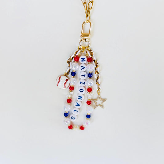 Nationals Baseball Bag Charm – Handmade Beaded Keychain, Baseball Fan Gift, Game Day Accessory, Backpack or Zipper Pull