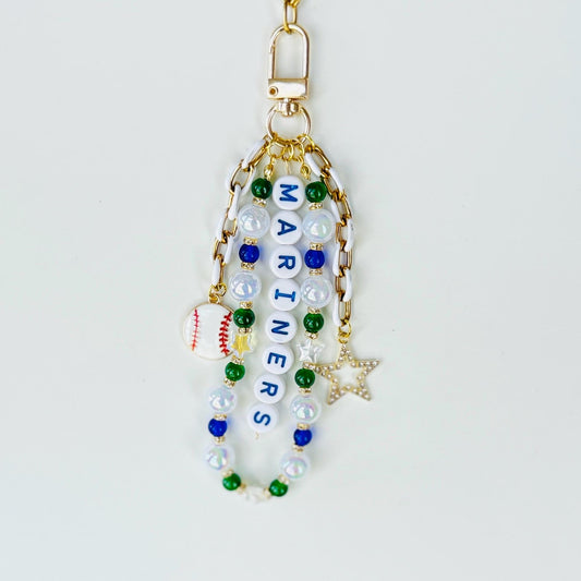 Mariners Baseball Bag Charm – Handmade Beaded Keychain with Baseball and Star Charms, Game Day Fan Gift, Zipper Pull or Backpack Accessory