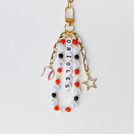 Orioles-Inspired Baseball Bag Charm – Orange & Black Beaded Keychain with Baseball Charm, Fan Gift or Game Day Accessory