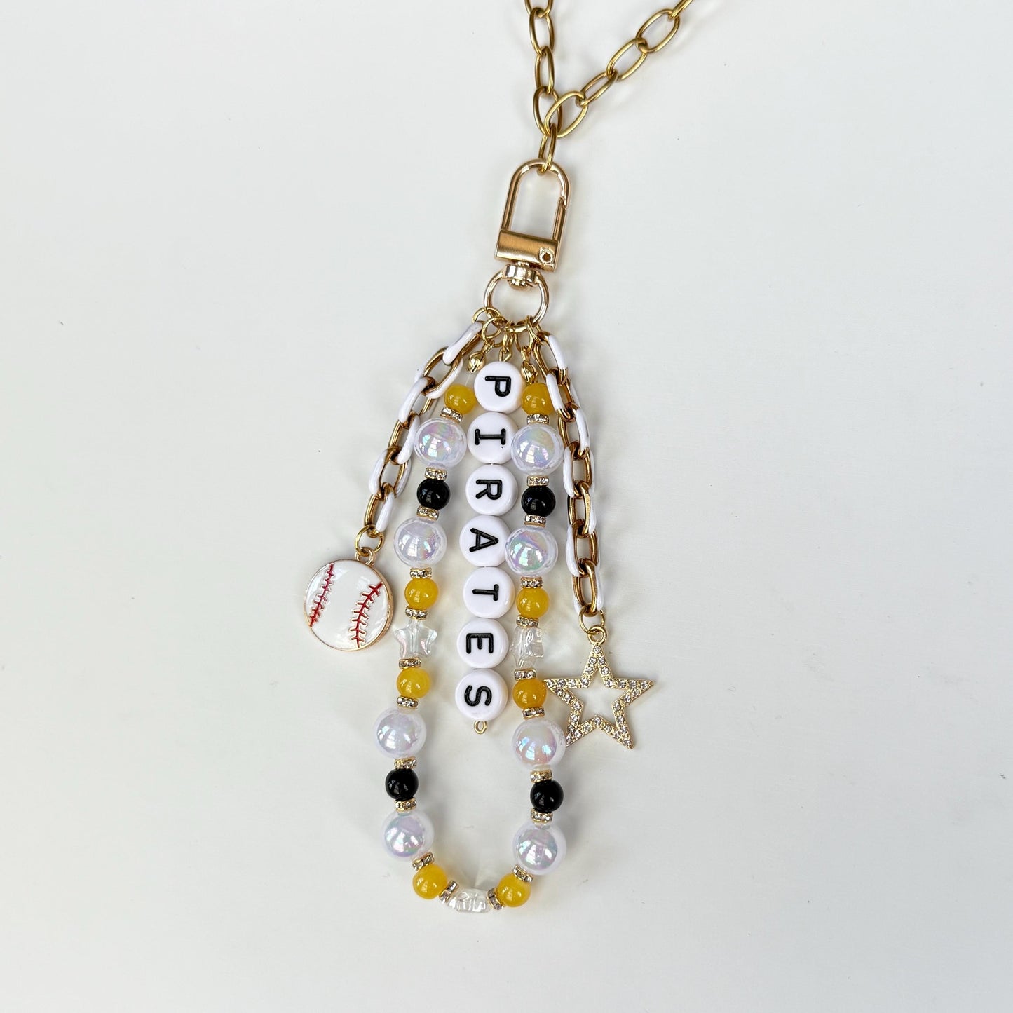 Pirates Baseball Bag Charm – Black & Gold Beaded Keychain with Star & Baseball Charms, Handmade Fan Gift or Backpack Accessory
