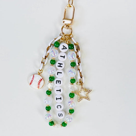 Athletics Baseball Bag Charm – Handmade Beaded Keychain with Star Charms, Fan Gift, Sports Accessory, Backpack or Zipper Pull