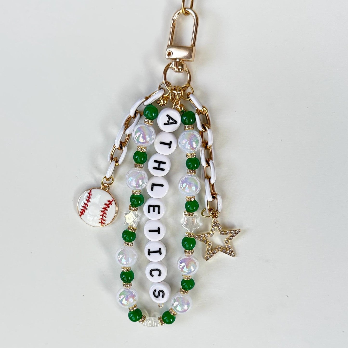 Athletics Baseball Bag Charm – Handmade Beaded Keychain with Star Charms, Fan Gift, Sports Accessory, Backpack or Zipper Pull