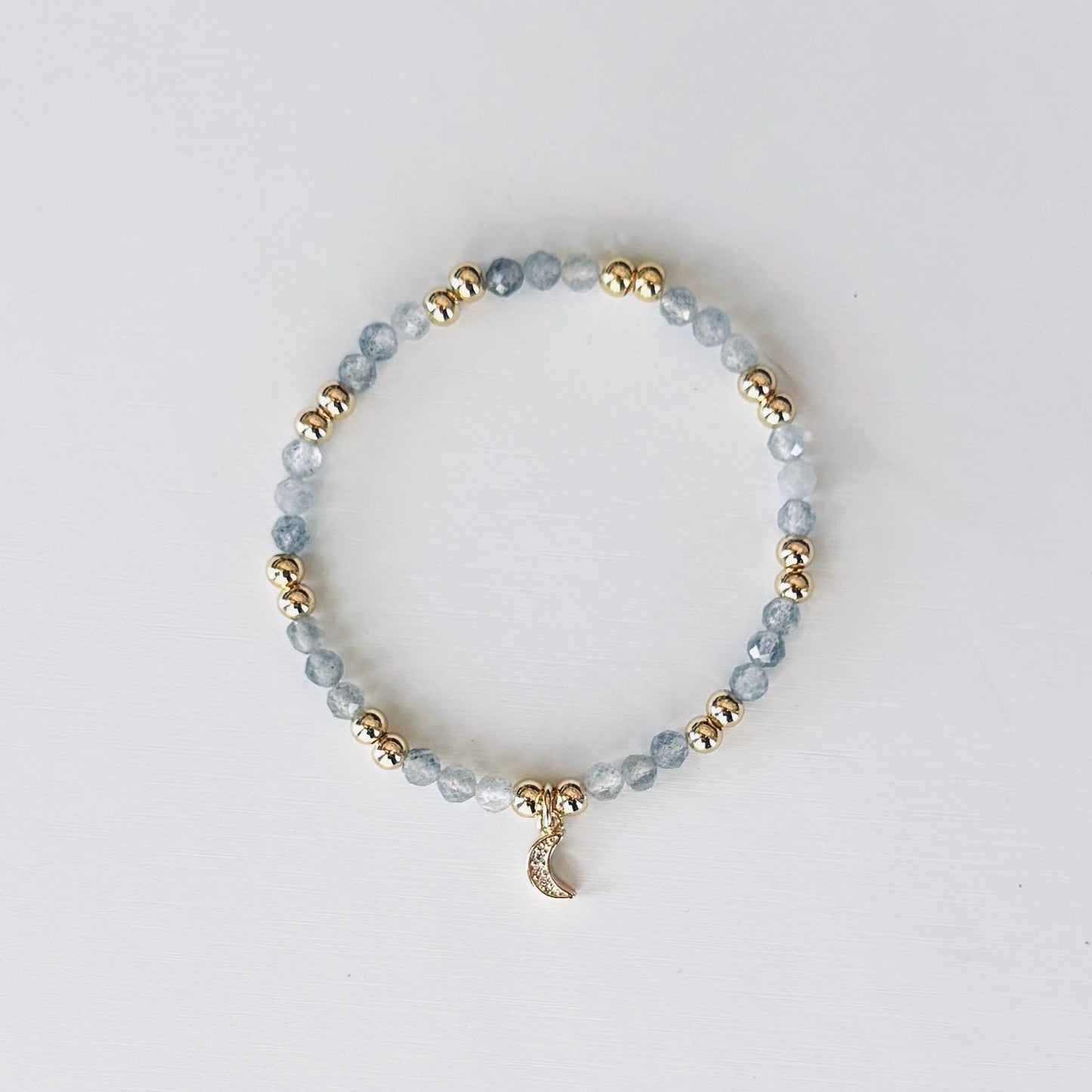 Triple Flame Bracelet – Hecate-Inspired Labradorite & Gold Stretch Bracelet with Crescent Moon Charm