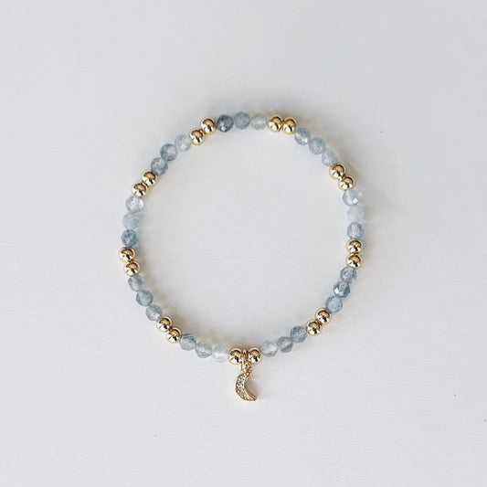 Triple Flame Bracelet – Hecate-Inspired Labradorite & Gold Stretch Bracelet with Crescent Moon Charm