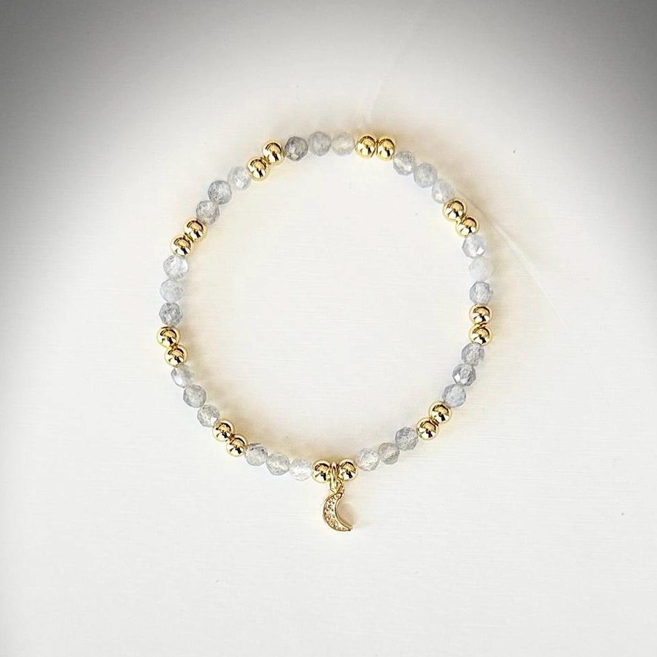 Triple Flame Bracelet – Hecate-Inspired Labradorite & Gold Stretch Bracelet with Crescent Moon Charm